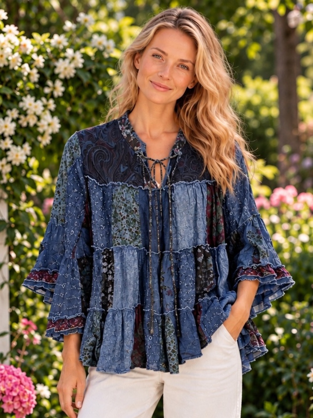 Young Threads Blue Patchwork Boho Ruffle Top – Large - Picture 1 of 4